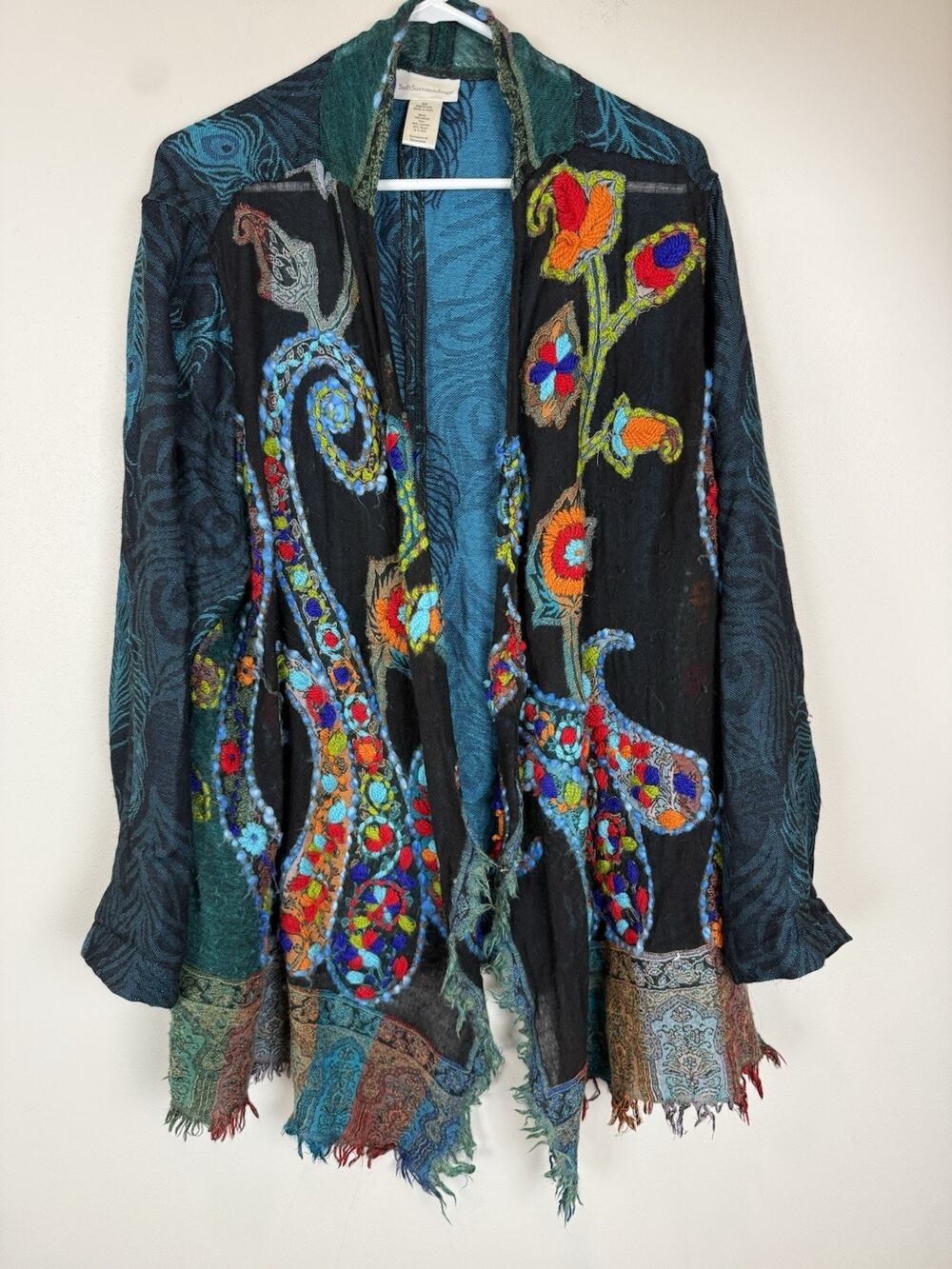 SOFT SURROUNDINGS Wool Silk Embroidered Peacock Fringe Duster Topper Cardigan 3X